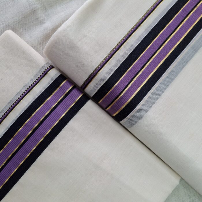 Kerala Handloom Set Mundu Violet with Black Borders (50) - Image 3