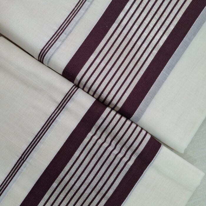 Kerala Handloom Set Mundu with Maroon Striped Borders (35) - Image 2
