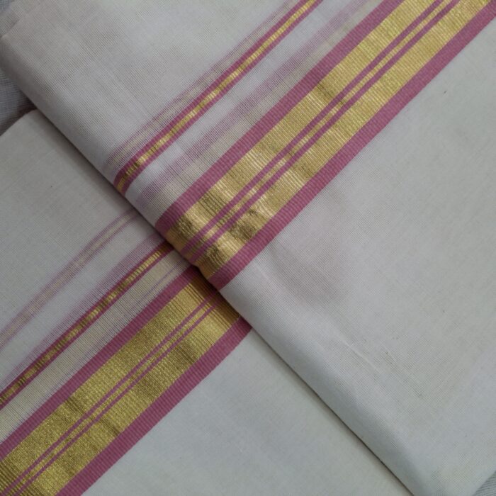 Kerala Handloom Set Mundu Pink with Golden Borders (32) - Image 3
