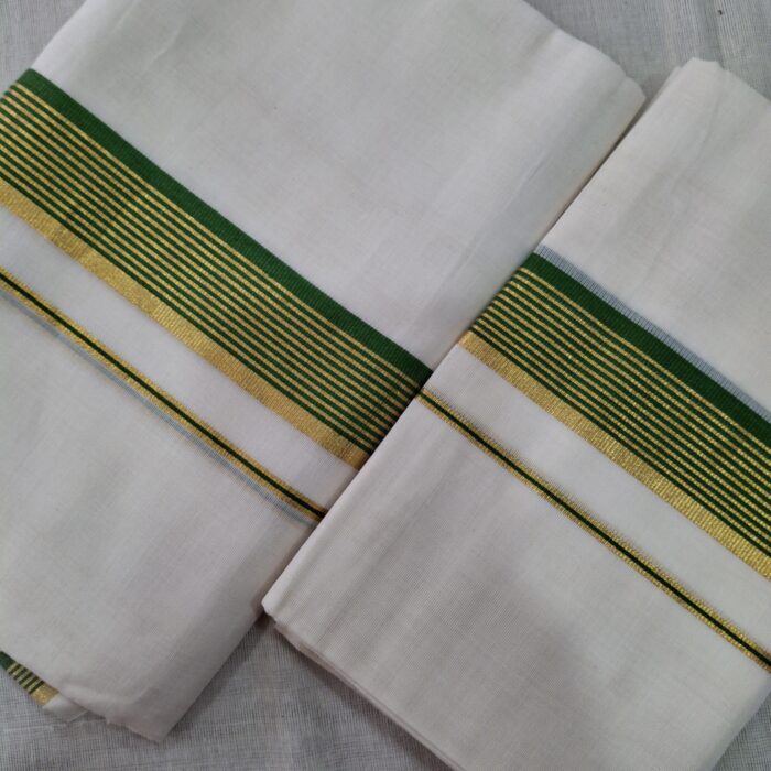 Kerala Handloom Set Mundu with Green Borders (31) - Image 2