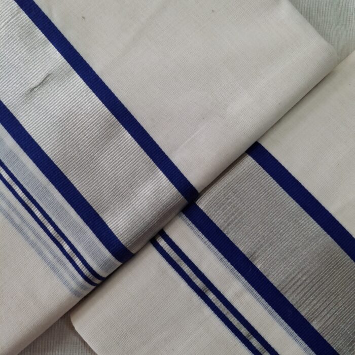 Kerala Handloom Set Mundu Dark Blue with Silver Borders (27) - Image 2