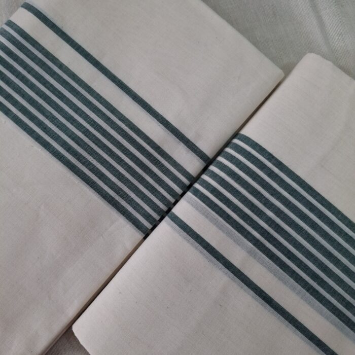 Kerala Handloom Green Striped Set Mundu (17) - Image 3
