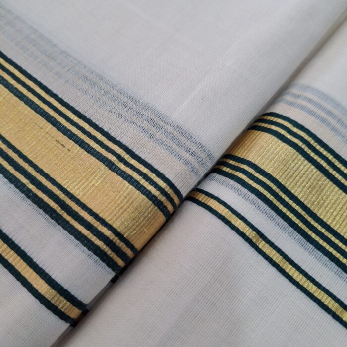 Kerala Handloom Set Mundu Dark green with Gold Borders (3) - Image 3