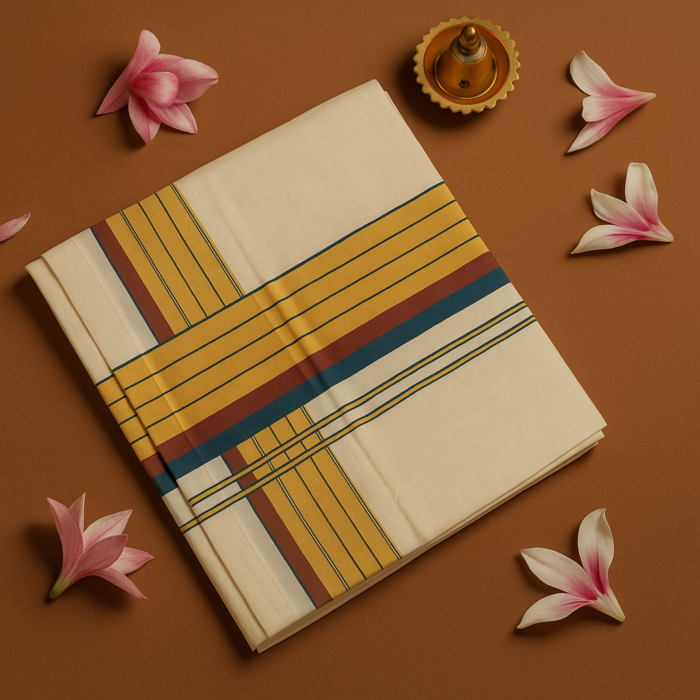 Kerala Handloom Green and Maroon Stripe with Kasavu Saree (7) - Image 3
