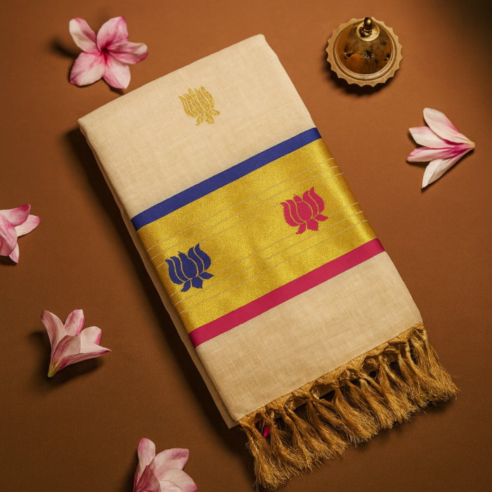 ChatGPT Image Aug 16, 2025, 02_56_36 PM Kerala Handloom Lotus Motif with Golden Kasavu Saree (17) - Image 1