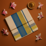 Kerala Handloom Sky Blue with Gold Kasavu ( Zari) Off- white Saree (9) - Image 2