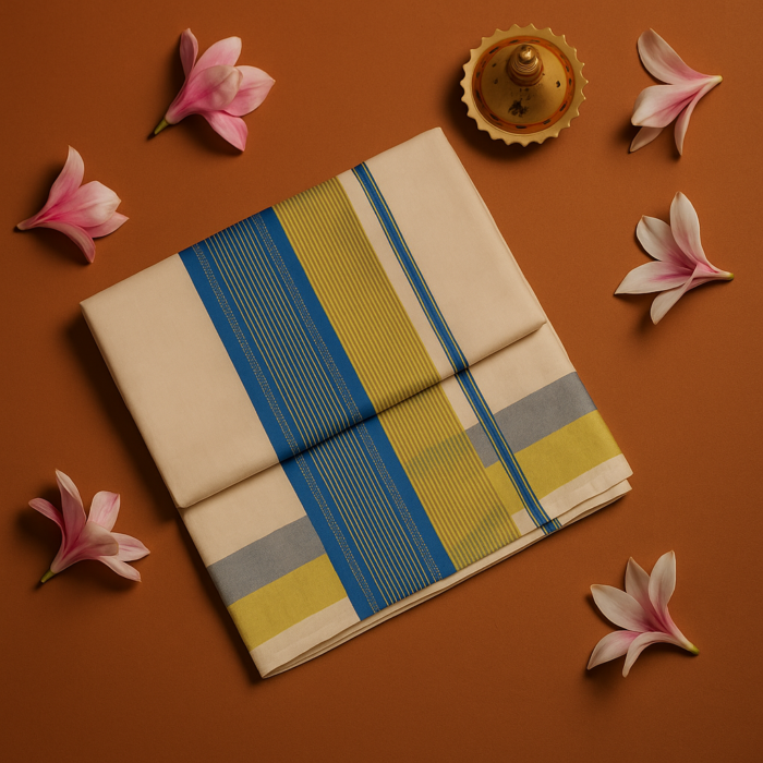 Kerala Handloom Sky Blue with Gold Kasavu ( Zari) Off- white Saree (9) - Image 2