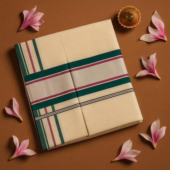 Kerala Handloom Multicolor Green and Pink with Silver Kasavu Saree (2) - Image 2