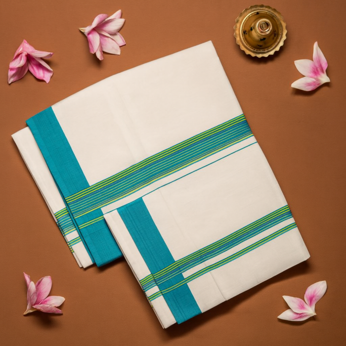 Kerala Handloom Set Mundu with Sky Blue Borders (9) - Image 2