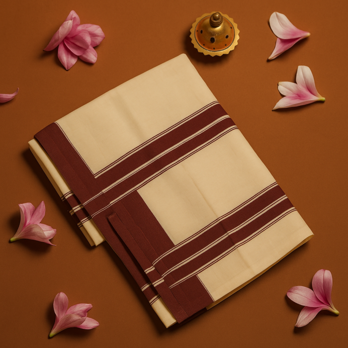Kerala Handloom Set Mundu with Maroon Borders (7) - Image 2