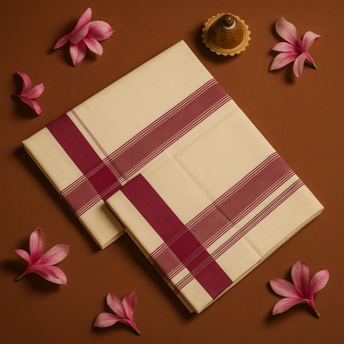 Kerala Handloom Set Mundu Light Maroon Borders (5) - Image 2
