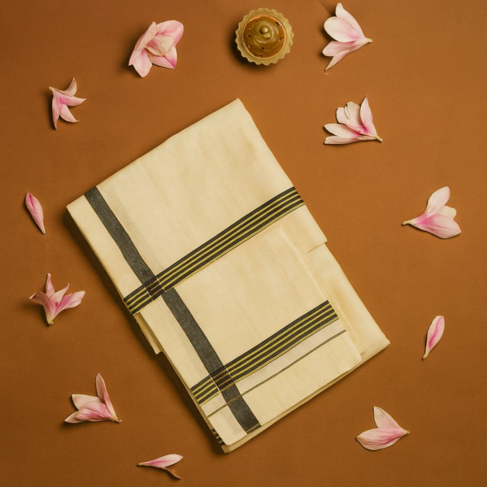 Kerala Handloom Set Mundu Black with Gold Borders (2) - Image 2