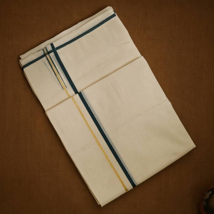 Kerala Handloom Dark green with Golden Striped Dhoti (11) - Image 2
