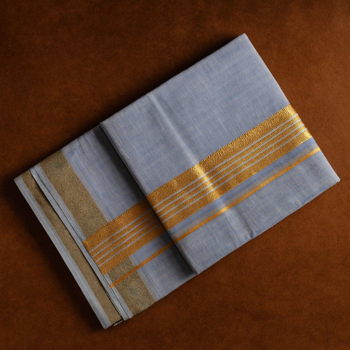 Kerala Handloom Blue with Golden Striped Dhoti (30) - Image 2