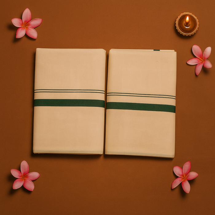 ChatGPT Image Aug 4, 2025, 02_57_02 PM Kerala Handloom Set Mundu Dark Green Borders (11) - Image 1