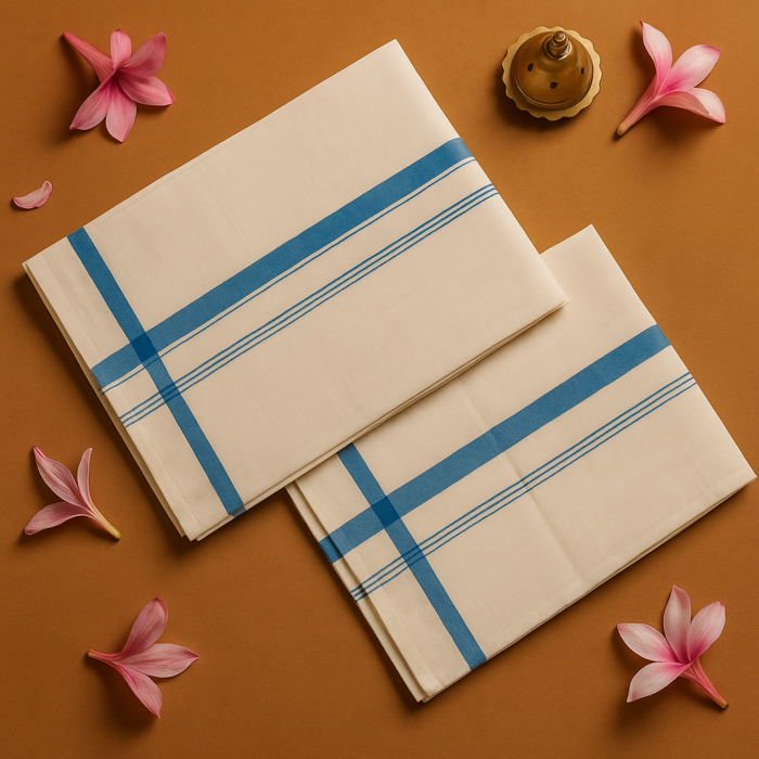 Kerala Handloom Set Mundu Sky Blue Borders (13) - Image 2