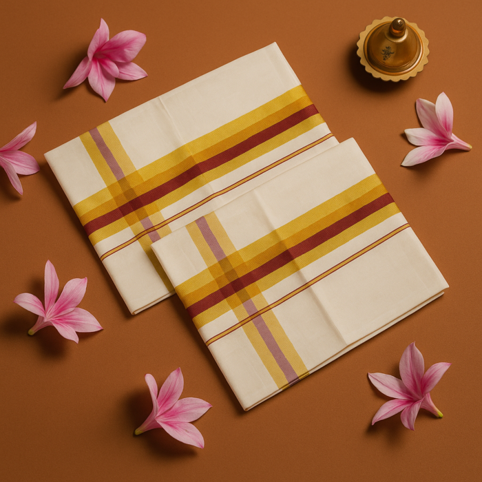 Kerala Handloom Set Mundu with Multicolor Borders (21) - Image 2