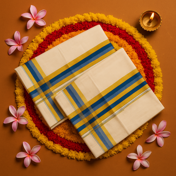 Kerala Handloom Set Mundu with Multicolor Borders (20) - Image 2