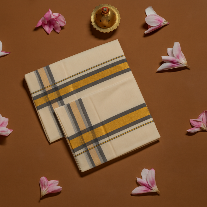 Kerala Handloom Set Mundu Grey with Gold Borders (14) - Image 2