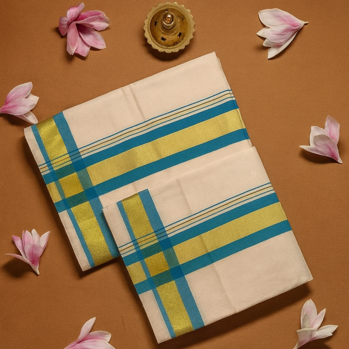 Kerala Handloom Set Mundu Skyblue with Gold Borders (19) - Image 2