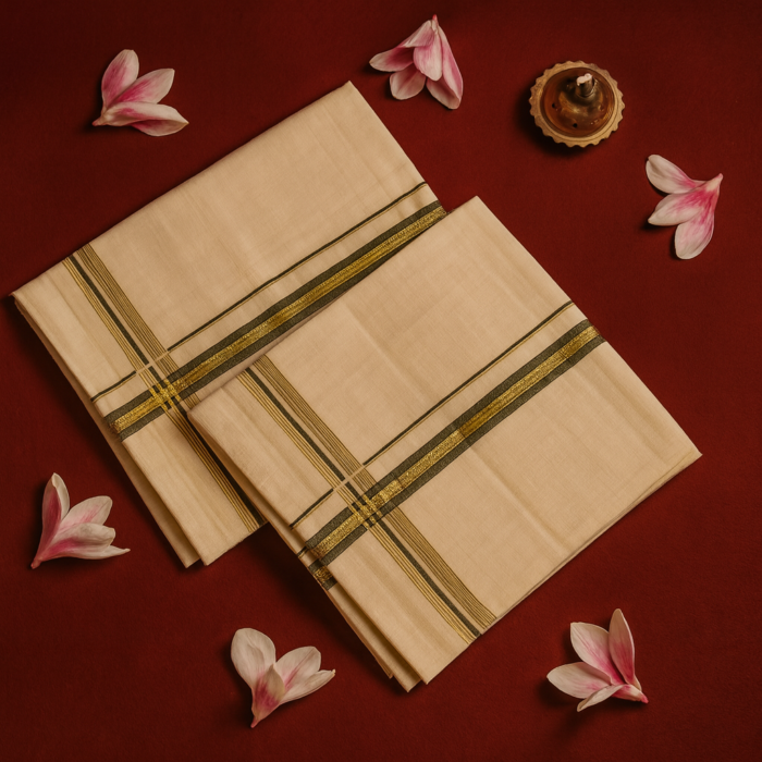 Kerala Handloom Set Mundu with Gold Borders (18) - Image 2