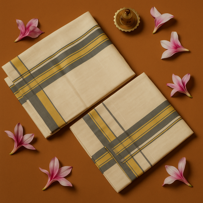 Kerala Handloom Set Mundu Grey with Gold Borders (15) - Image 2