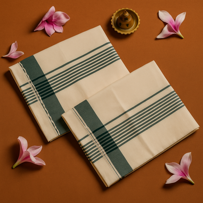 Kerala Handloom Green Striped Set Mundu (17) - Image 2