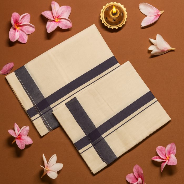 Kerala Handloom Set Mundu Grey with Gold Borders (16) - Image 2