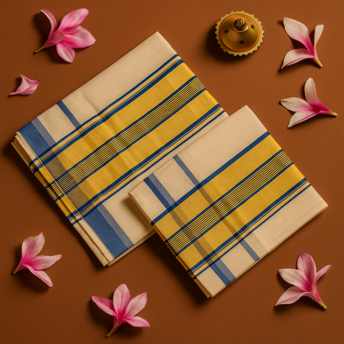 Kerala Handloom Set Mundu Blue with Gold Borders (25) - Image 2