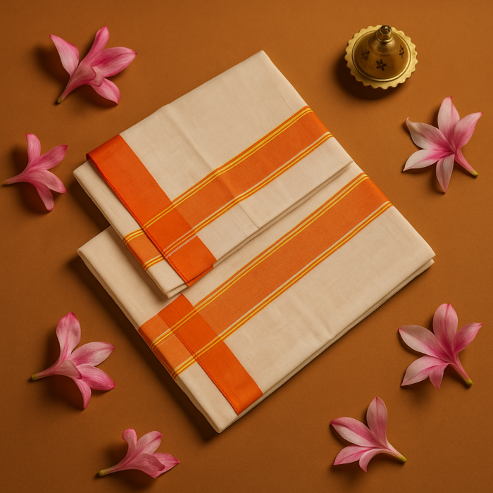 Kerala Handloom Set Mundu with Orange Borders (33) - Image 2