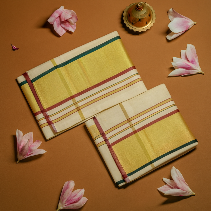 Kerala Handloom Set Mundu Gold Kasavu Borders (38) - Image 2
