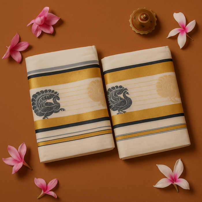 ChatGPT Image Aug 6, 2025, 04_35_05 PM Kerala Handloom Peacock Motif Set Mundu (39) - Image 1