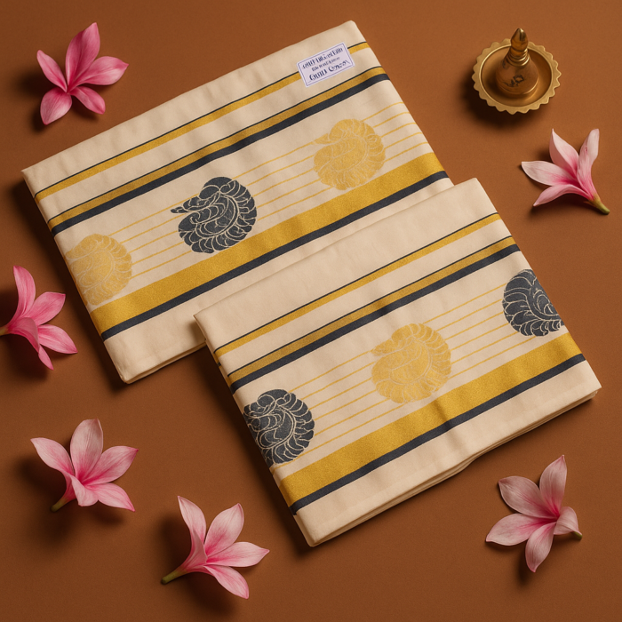 Kerala Handloom Peacock Motif Set Mundu (39) - Image 2