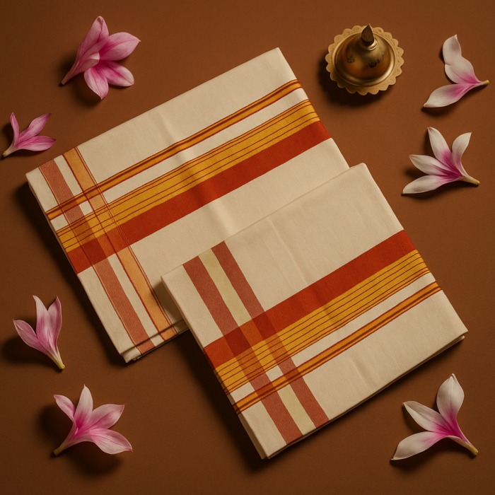 Kerala Handloom Set Mundu with Orange Borders (41) - Image 2