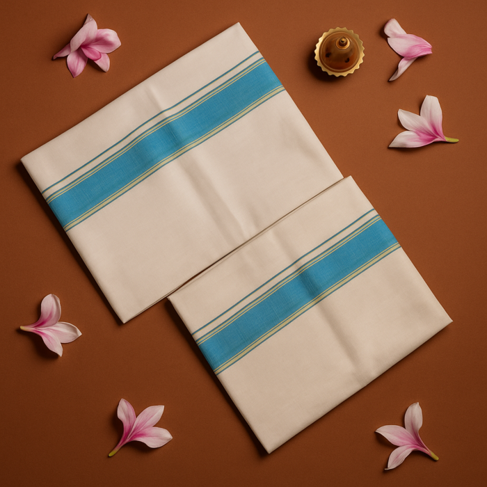 Kerala Handloom Set Mundu with Sky Blue Borders (42) - Image 2