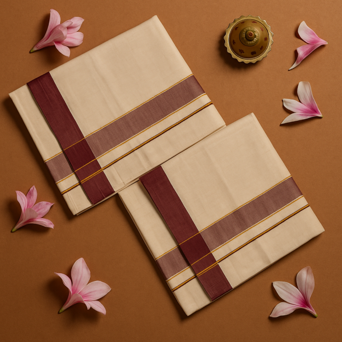Kerala Handloom Set Mundu with Maroon Borders (43) - Image 2