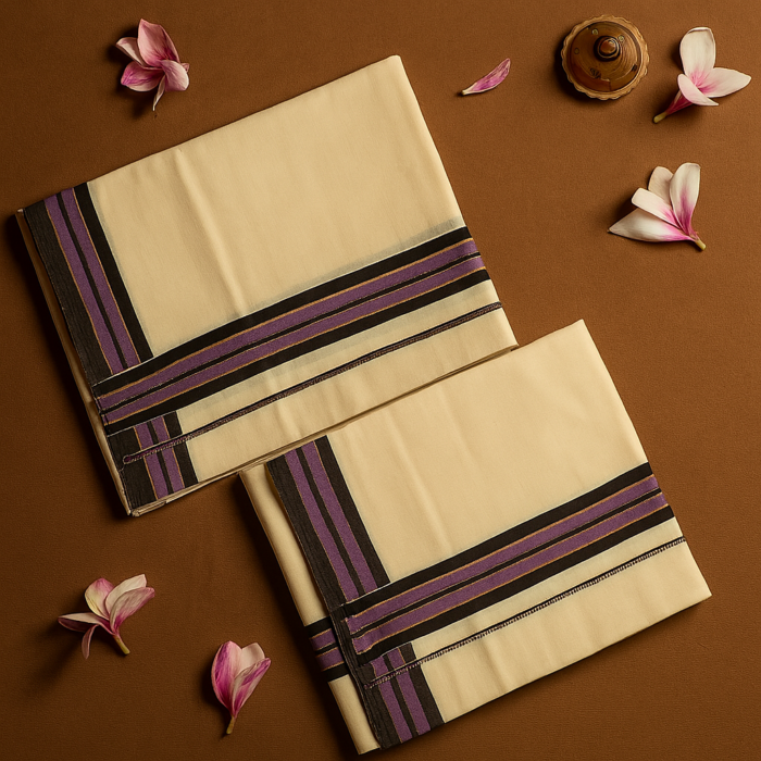 Kerala Handloom Set Mundu Violet with Black Borders (50) - Image 2