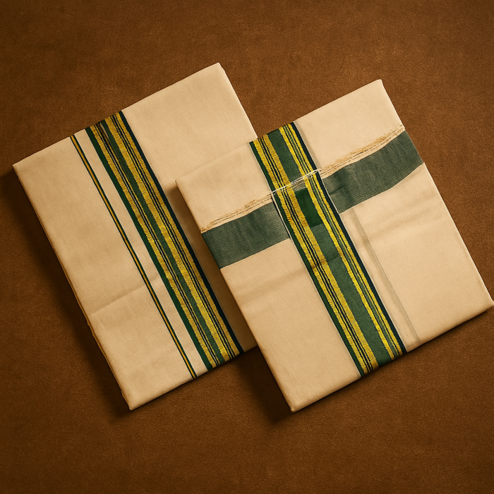 Kerala Handloom Set Mundu with Green Borders (51) - Image 3