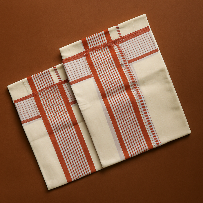 Kerala Handloom Set Mundu with Dark Orange Borders (52) - Image 2