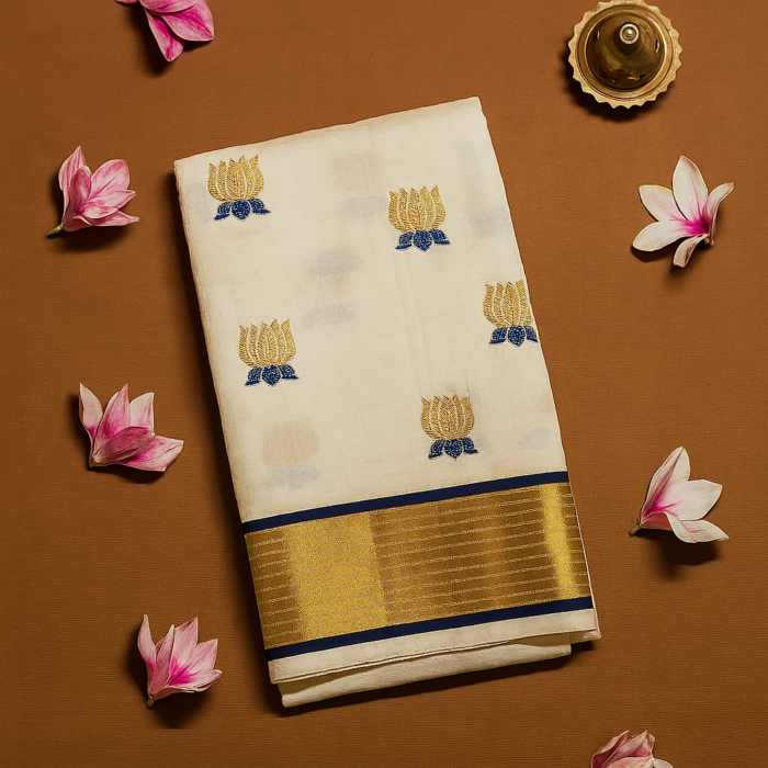 ChatGPT Image Aug 8, 2025, 03_20_41 PM Kerala Handloom Lotus Motif with Golden Kasavu Saree (10) - Image 1