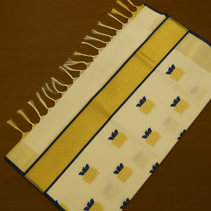 Kerala Handloom Lotus Motif with Golden Kasavu Saree (10) - Image 3