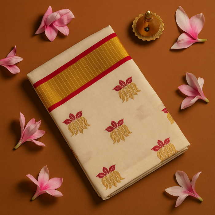 ChatGPT Image Aug 9, 2025, 11_40_39 AM Kerala Handloom Lotus Motif with Golden Kasavu Saree (11) - Image 1