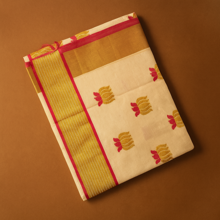 Kerala Handloom Lotus Motif with Golden Kasavu Saree (11) - Image 3