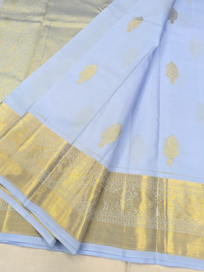 Pure Sky Blue with Golden Kanchipuram Silk Saree (50) - Image 3