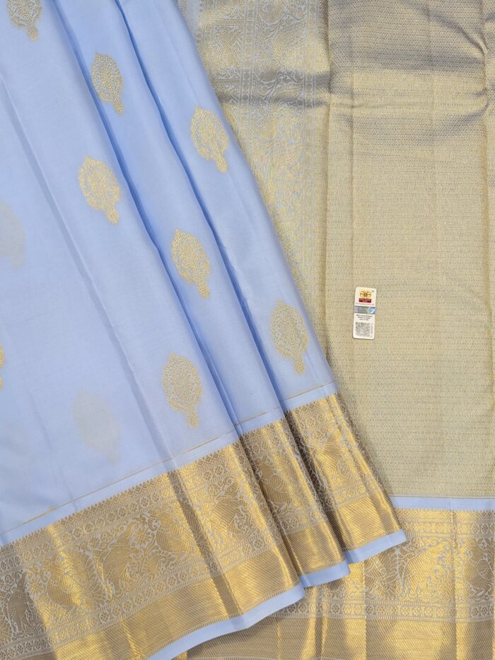 Pure Light Blue with Golden Kanchipuram Silk Saree (34) - Image 2