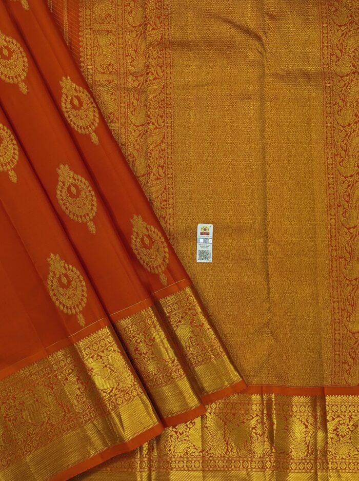 Pure Orange with Golden Kanchipuram Silk Saree (39) - Image 4