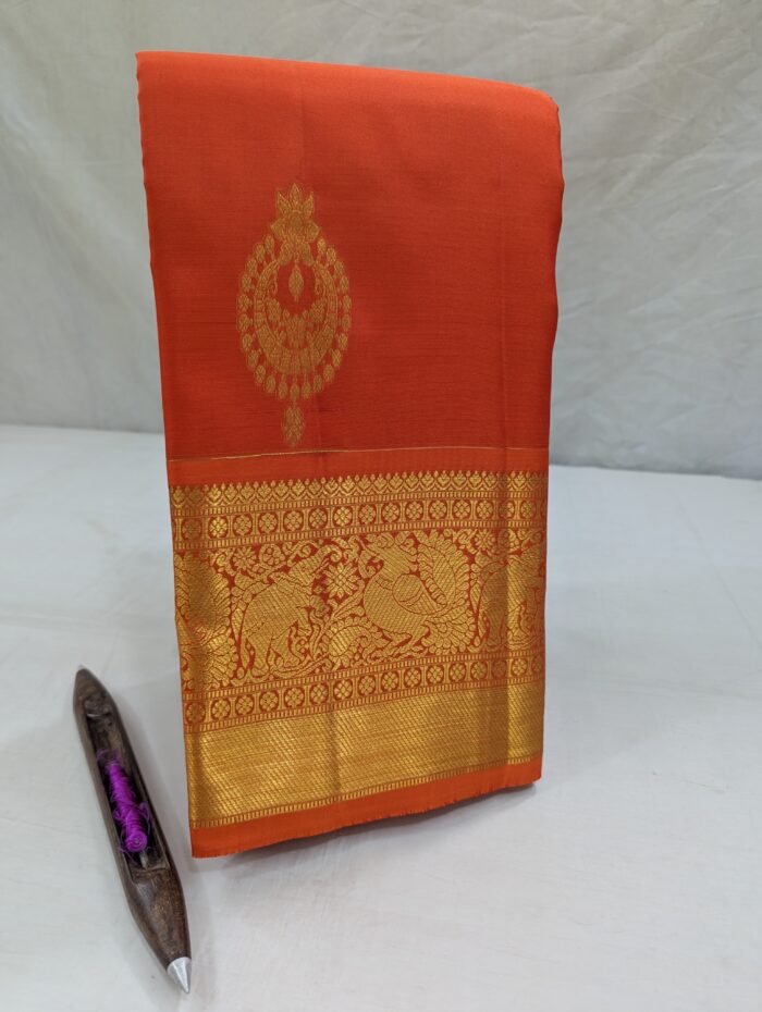Pure Orange with Golden Kanchipuram Silk Saree (39) - Image 2