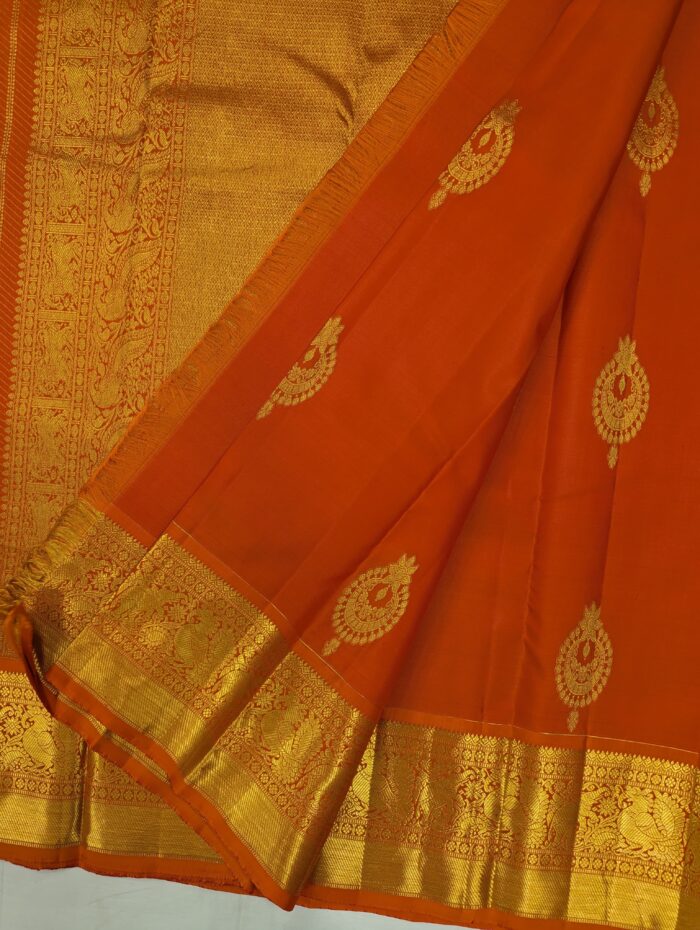 Pure Orange with Golden Kanchipuram Silk Saree (39) - Image 3