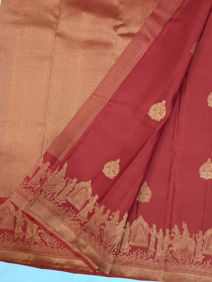 Pure Red with Golden Kanchipuram Silk Saree (43) - Image 3
