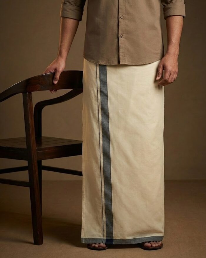 lungi 44 Kerala Handloom Blue with Silver Striped Dhoti (10) - Image 1